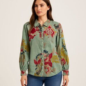 Floral Button-Front Blouse in Sage Green